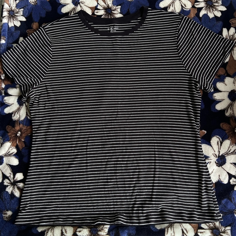 Nine West Black and White Striped Crewneck Tee
